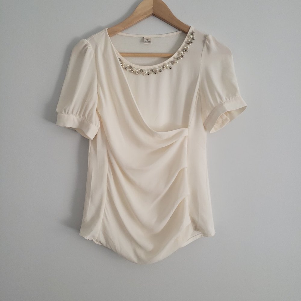 WOMENS IVORY SHORT SLEEVE BEADED BLOUSE